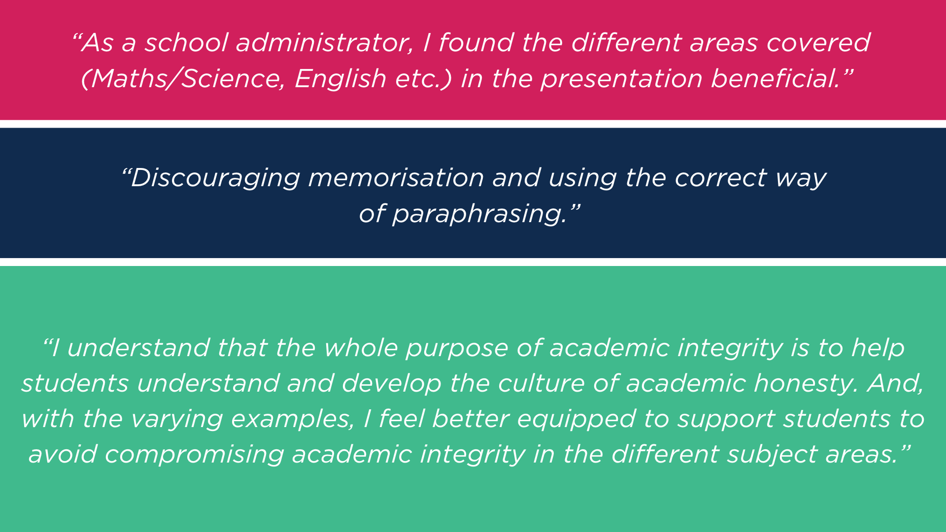 Three quotes in red, blue and green about what teachers learned from the PD workshops