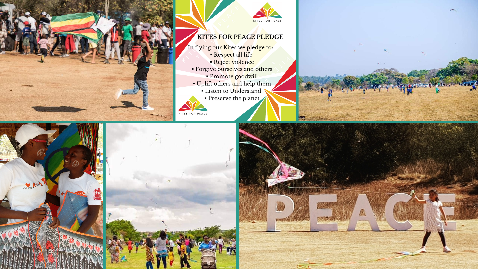 Images of kids and communities flying kites for the Kites for Peace Movement