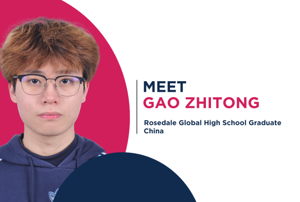 A chinese male student smiling beside the words, "Meet Gao Zhitong, Rosedale Global High School Graduate, China"