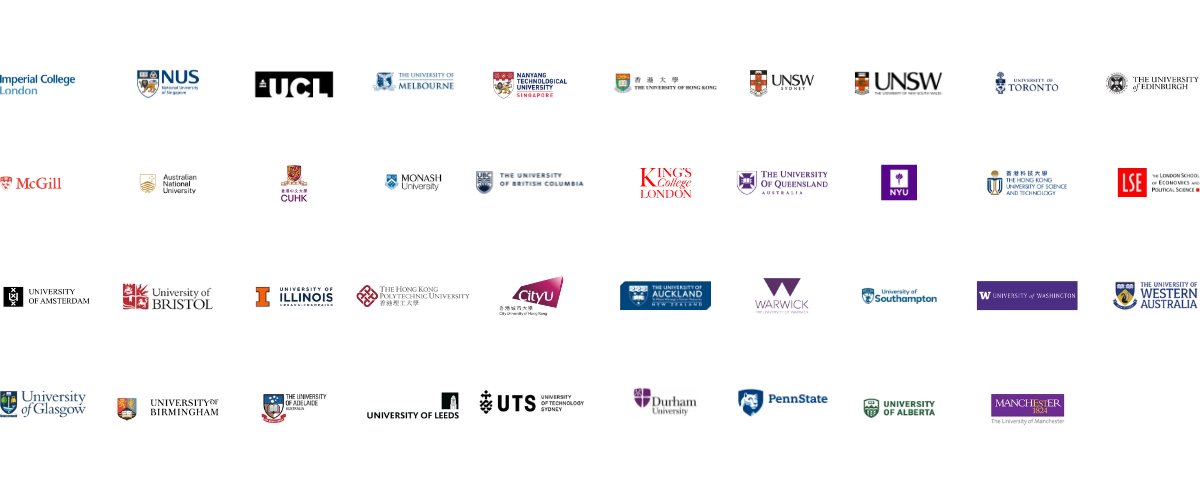 Logos of leading universities worldwide, including NUS, UCL, University of Melbourne, UNSW, University of Toronto, and University of Edinburgh